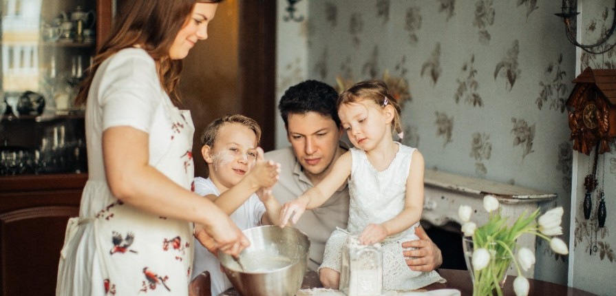 Kids and parents baking